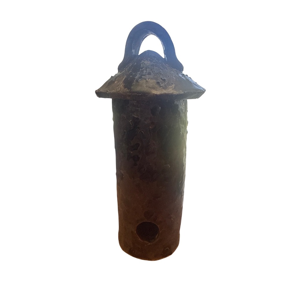 Rustic Studio Pottery Birdhouse Hanging Ceramic Garden Bell Brown Mottled Glaze